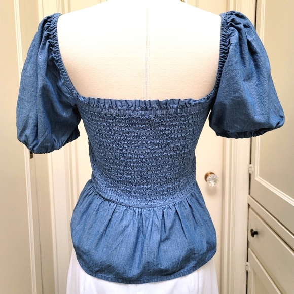 New! J Crew Squareneck Smocked Blue Chambray Top small medium - Picture 4 of 7